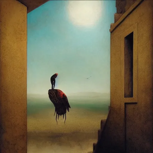 Prompt: Exterior Desert Oasis ripped physique demonic crow wearing a man costume giorgio de chirico Jan Van eyck bastien lecouffe-deharme odd nerdrum dragan bibin john steuart curry