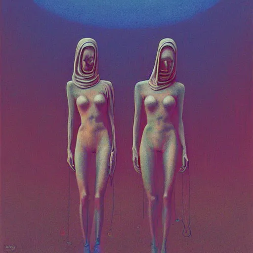 Image similar to charlies angels by beksinski and tristan eaton, dark neon beautiful dystopian holography