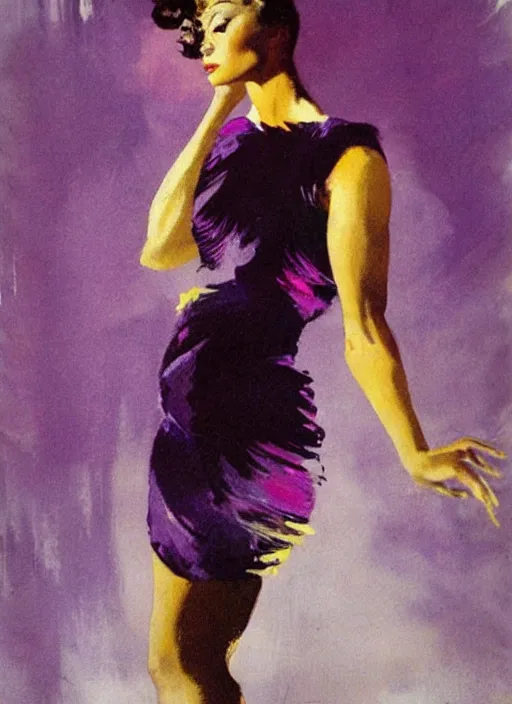 Prompt: girl in shimmering cocktail dress, purple voluminous hair, strong line, vibrant color, beautiful! coherent! by frank frazetta, high contrast