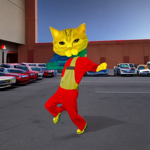 Image similar to realistic photograph of one bright yellow cat wearing a red hat, a green shirt and blue overalls dancing in a parking lot