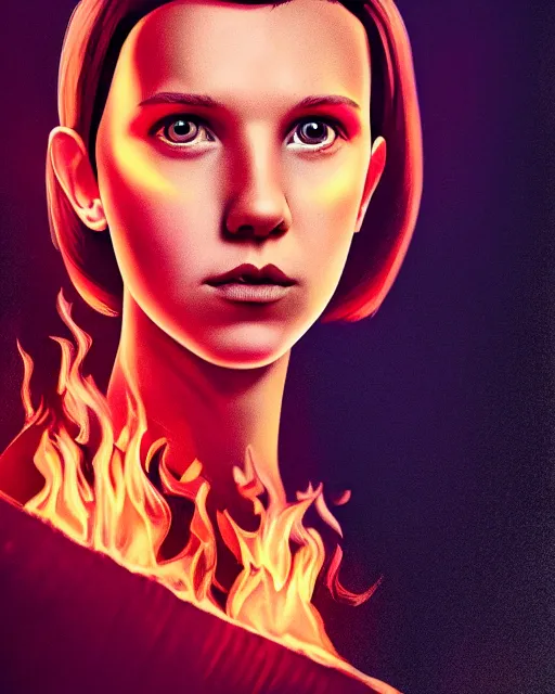 Image similar to Poster Portrait of Millie Bobby Brown with fire eyes, dramatic lighting