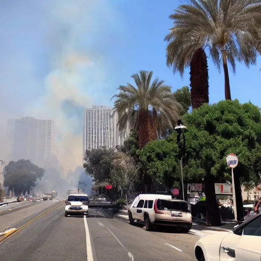 Prompt: a photo of downtown san pasadena melting streets, brush fires on hills, and smoke