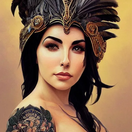 Image similar to an attractive young tattooed north female with piercings wearing an raven feathered helmet, elizabeth taylor, olive skin, long dark hair, beautiful bone structure, intricate, elegant, highly detailed, digital painting, artstation, concept art, smooth, sharp focus, illustration, art by artgerm and greg rutkowski and alphonse mucha