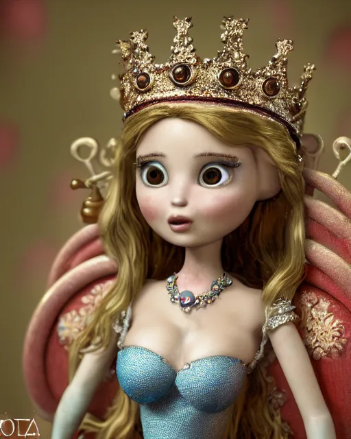 Image similar to highly detailed closeup, face profile portrait of a tin toy fairytale princess wearing a crown and sitting on a throne, bikini, depth of field, fashion photoshoot by nicoletta ceccoli, mark ryden, lostfish, dan decarlo, bob clampett, max fleischer, breathtaking, detailed and intricate environment, 8 k resolution, hyperrealistic, octane render