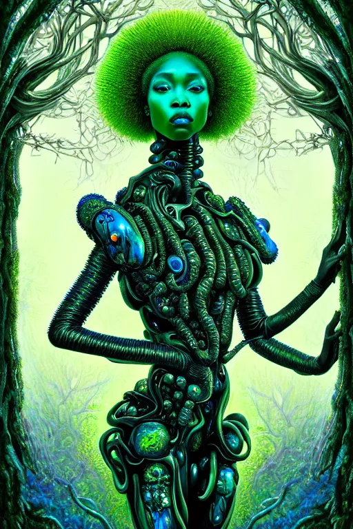 Image similar to hyperrealistic neo - baroque super expressive! black woman with exoskeleton armor, merging with tree in a forest, highly detailed digital art masterpiece smooth cam de leon hannah yata dramatic pearlescent blue green light ground angle hd 8 k sharp focus