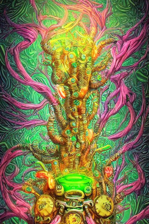 Image similar to creature sushi roots cactus elemental flush of force nature micro world fluo light deepdream a wild amazing steampunk baroque ancient alien creature, intricate detail, colorful digital painting radiating a glowing aura global illumination ray tracing