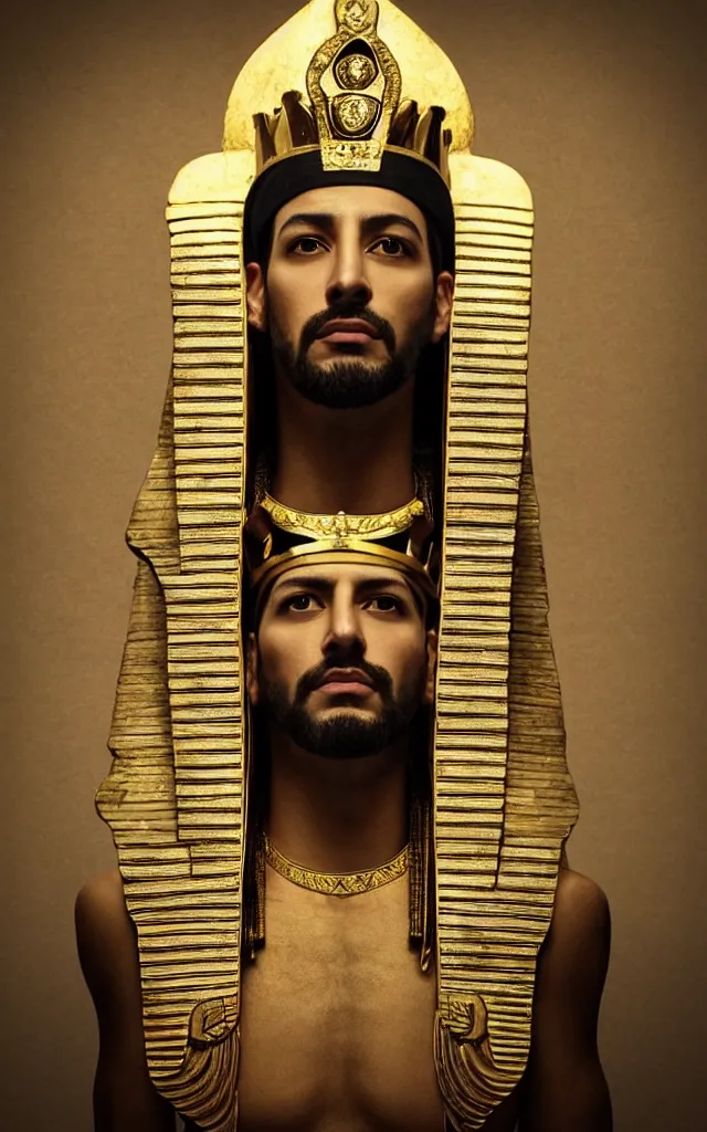 Prompt: egyptian king with crown, perfect symmetrical face, portrait, spotlight