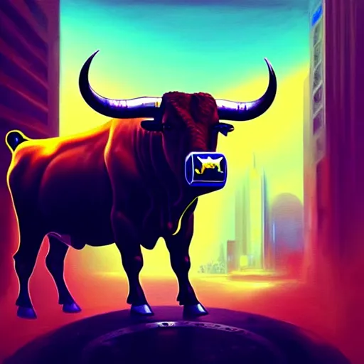 Prompt: a painting of a bull with a gold coin on its back, cyberpunk art by Mike 'Beeple' Winkelmann, instagram contest winner, fantasy art, art on instagram, concept art, dystopian art