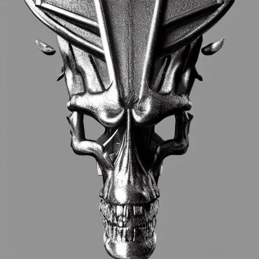 Prompt: a black sword skull crest, ornament, weapon, a 3 d render by dom qwek, studio lighting, front side view, trending on polycount, hard surface modeling, rendered in maya, 3 ds max, blender, artstation hd, vray