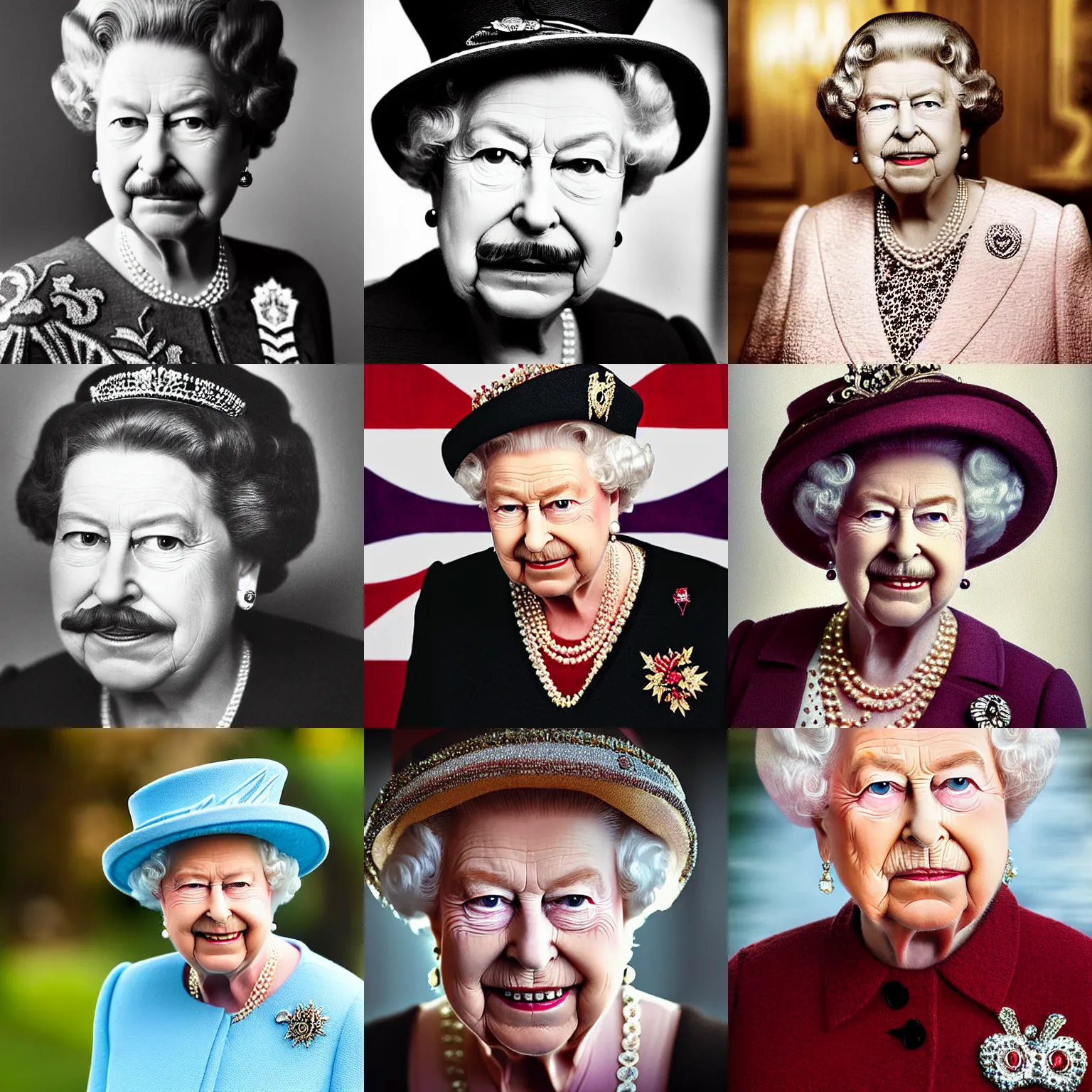 Prompt: portrait photograph, queen elizabeth with a huge moustache, bokeh, depth of field