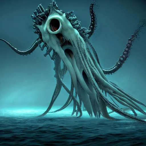 Image similar to bigfin squid, eldritch horror monster, ominous underwater environment, dark souls, terrifying