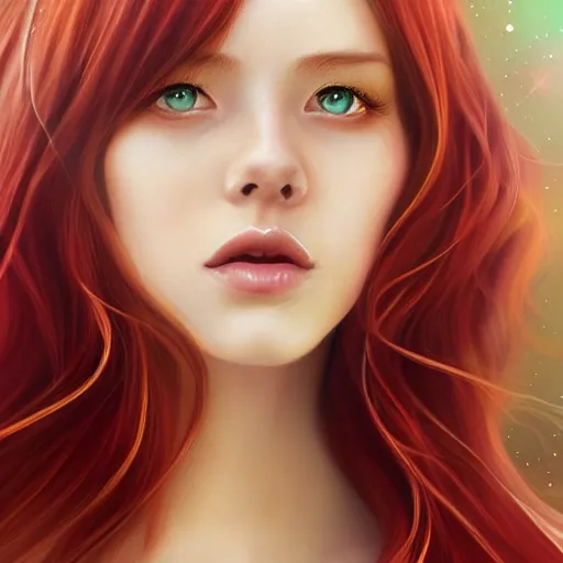 Prompt: red haired girl, with a gorgeous galaxy on the background, highly detailed, deep focus, elegant, digital painting, smooth, sharp focus, golden ratio, illustration, ultra realistic, 8 k, art by artgerm trending