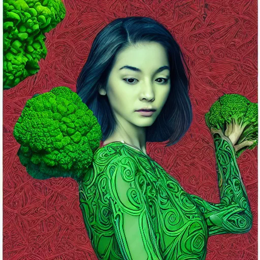 Prompt: the portrait of an unbelievably beautiful and sophisticated young woman made up of broccoli, an ultrafine detailed illustration by james jean, intricate linework, bright colors, final fantasy, behance contest winner, vanitas, angular, altermodern, unreal engine 5 highly rendered, global illumination, radiant light, detailed and intricate environment