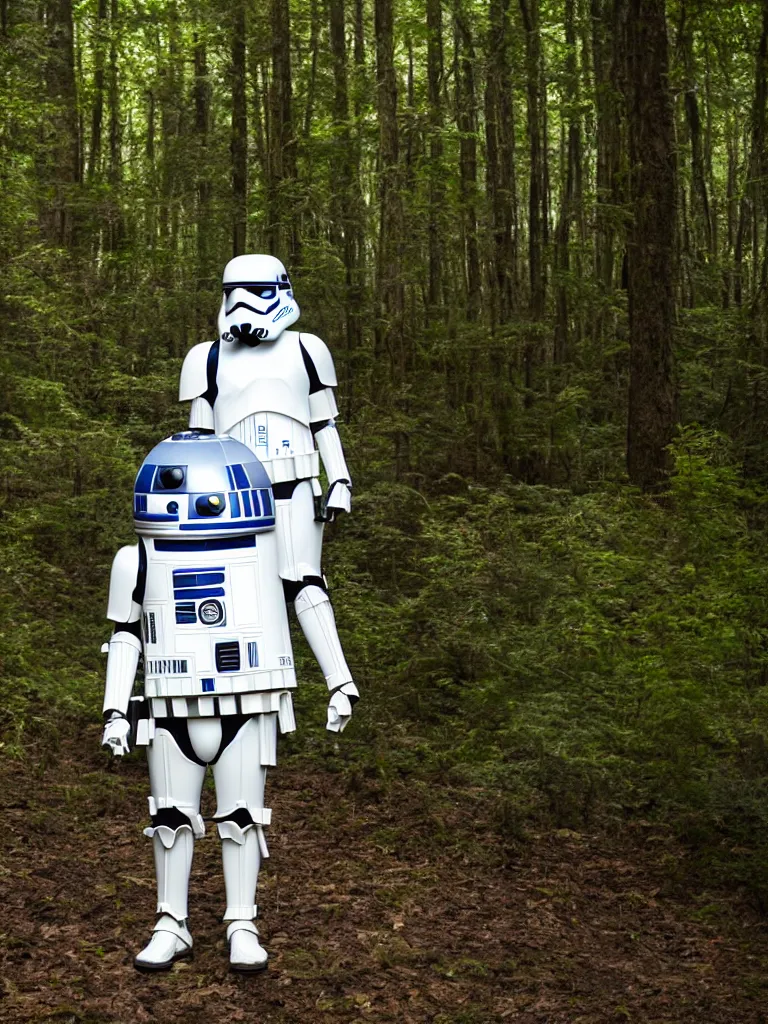 Prompt: still of a stormtrooper R2-D2, standing in the forest, golden hour, high quality, sigma 55mm, full body shot, ewoks