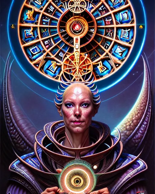 Image similar to the wheel of fortune tarot card, fantasy character portrait made of fractals, ultra realistic, wide angle, intricate details, the fifth element artifacts, highly detailed by peter mohrbacher, hajime sorayama, wayne barlowe, boris vallejo, aaron horkey, gaston bussiere, craig mullins