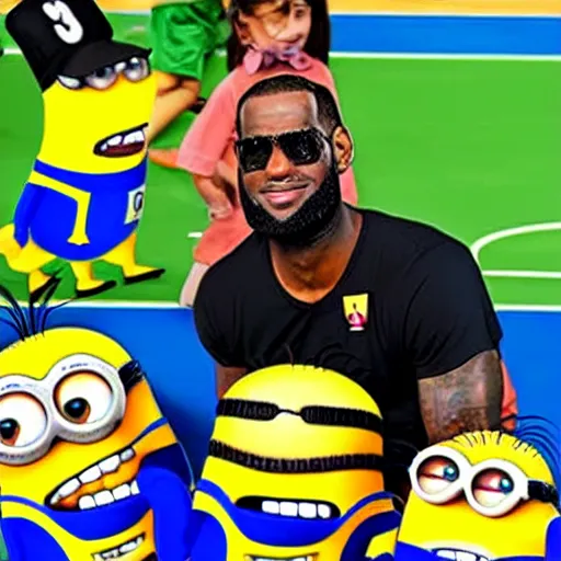 Image similar to lebron teaching the minions how to shoot, kids drawing,