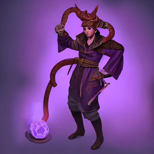 Image similar to a oil art portrait of tiefling mage with purple magic in style of disco elysium character, bard jester character sheet from critical role, 4 k, ultra detail, volumetric lighting, unreal engine, octane render, grimdark