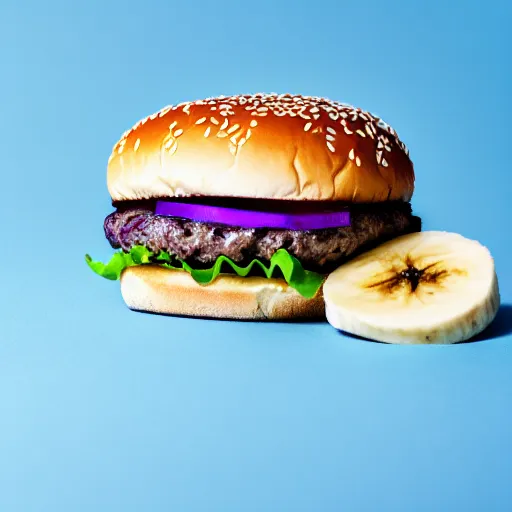 Image similar to a stock photo of a banana burger on a purple background, product photography, f 2. 4, bokeh effect, award winning