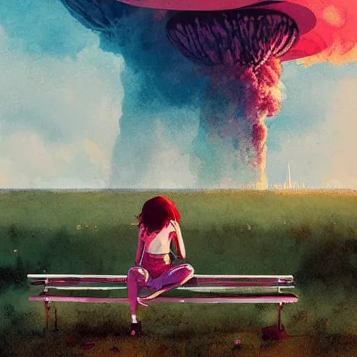 Prompt: girl sitting on a park bench, nuclear explosion in the background, nuclear mushroom cloud, by conrad roset, by greg rutkowski, digital art