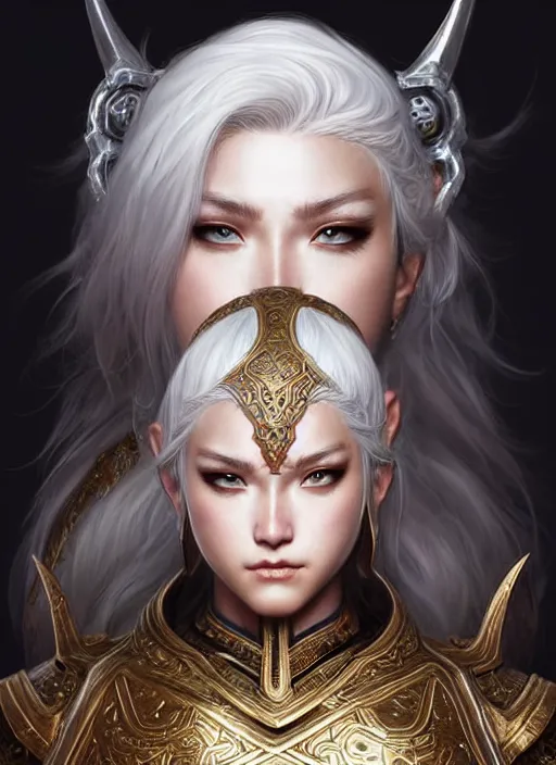 Image similar to warrior, intricate ornate opal heavy armor!!! beautiful and athletic white hair female!! gorgeous face and eyes!! character concept art, sharp focus, octane render! unreal engine 5! highly rendered!! trending on artstation!! detailed linework!! illustration by artgerm, wlop, and chie yoshii