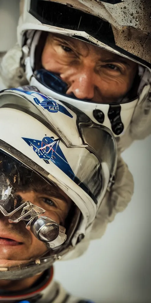 Image similar to closeup portrait photograph of an astronaut extreme sports dirt bike rider, helmet, human head, portrait, hyper realistic, highly detailed, retrofuturism