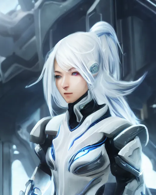 Image similar to perfect white haired girl, warframe armor, beautiful, dreamy, half asian, pretty face, blue eyes, detailed, sunny day, scifi platform, front lit, laboratory, experiment, 4 k, ultra realistic, epic lighting, cinematic, high detail, masterpiece, by masayoshi tanaka, akihiko yoshida, kazuya takahashi