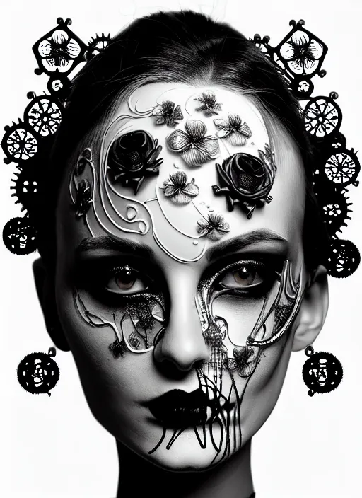 Image similar to black and white gothic masterpiece profile portrait, one steampunk eye silver hexagonal meshes floral biomechanical beautiful young female cyborg - vampire, big monocular, volumetric light, hibiscus flowers, by hg giger, rim light, big gothic fashion pearl embroidered collar, 8 k