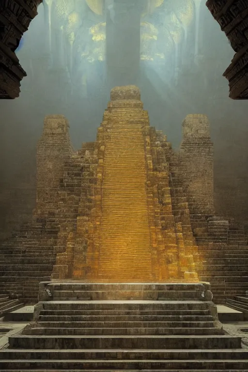 Image similar to inside a majestic aztec temple made of gold, intricate, elegant, volumetric lighting, digital painting, highly detailed, artstation, sharp focus, illustration, concept art, ruan jia, steve mccurry