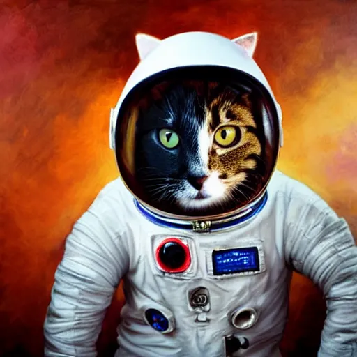 Prompt: oil painting of a cute cat in a astronaut suit with helmet, 35mm, photo, Epic, cinematic, highly detailed and intricate