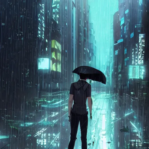 Prompt: android cyborg in urban dystopia makoto shinkai raining