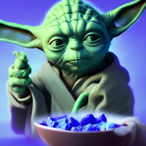 Image similar to Yoda eating blue cookies, hyperdetailed, artstation, cgsociety, 8k