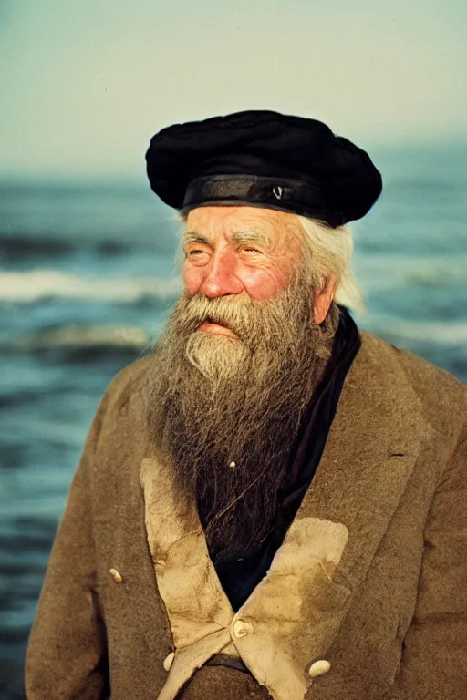 Prompt: a cinestill photograph of a grizzled old sea captain, cinestill film