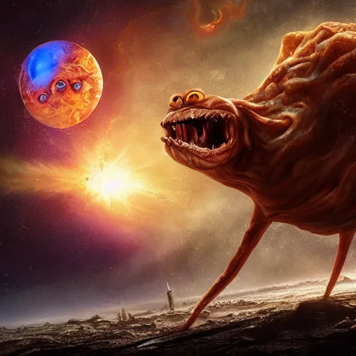 Image similar to eldritch horror bloody garfield in space, hd, 8 k, giant, epic, realistic photo, unreal engine, stars, prophecy, powerful, cinematic lighting, destroyed planet, debris, violent, sinister, ray tracing, dynamic, epic composition, dark, horrific, teeth, grotesque, monochrome drawing, hellscape