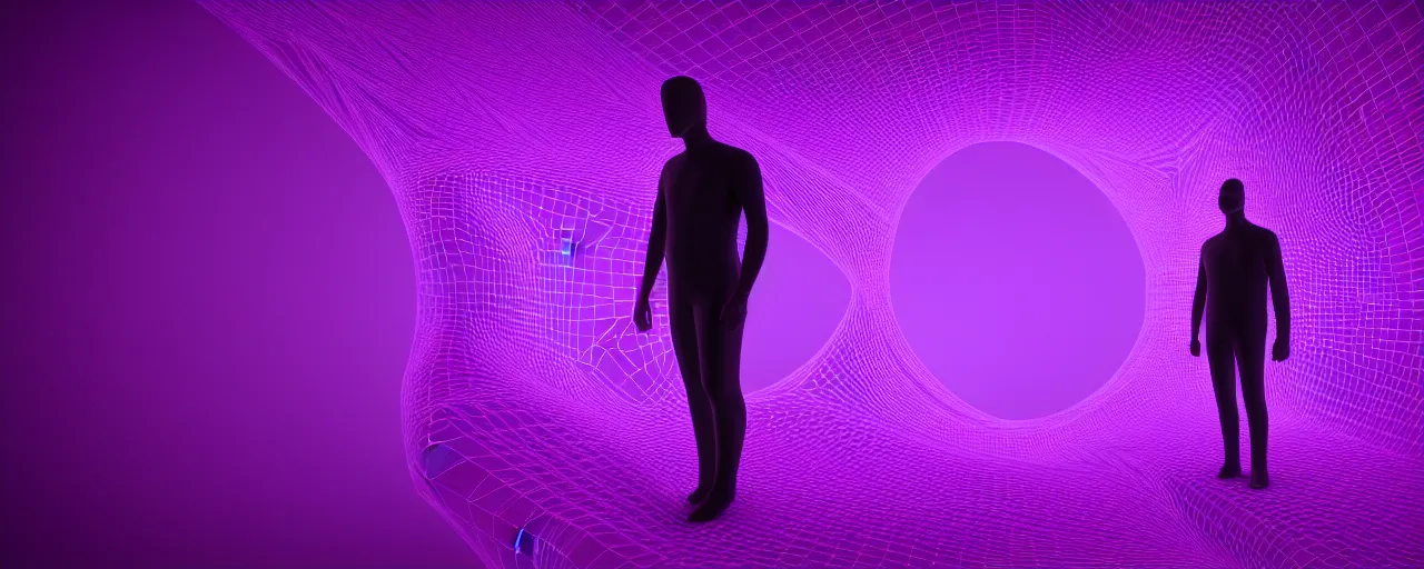 Image similar to man covered with a fractal structure from whose eyes comes a purple glow, realistic 3 d render, octane render 4 k