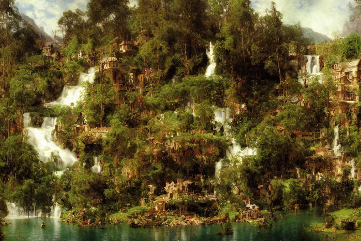 Image similar to a small village by a lake, waterfalls, cascades, very detailed, by john berkey, albert bierstadt, ruan jia, lawrence alma tadema, zdzislaw beksinski, carl spitzweg, everett raymond kinstler, norman rockwell, jack kirby, tom lovell, greg staples