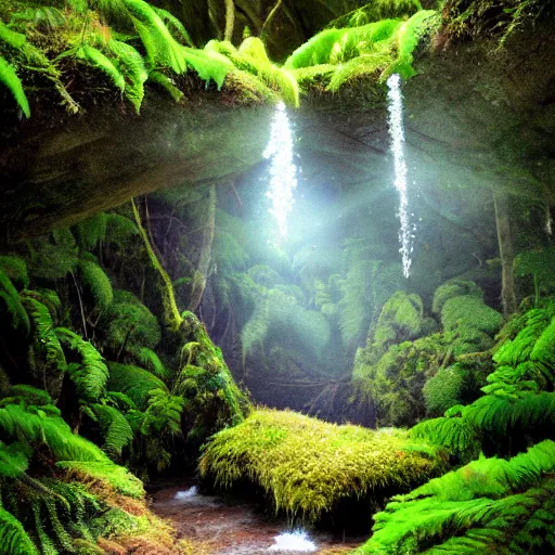 Image similar to 3 0 round pools of water in a forest, the wood between the worlds, narnia, cs lewis, lush green forest, moss and ferns, ferns,