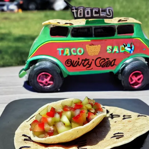 Image similar to a taco car called the smelly cat, with apple salsa and sprinting hitler