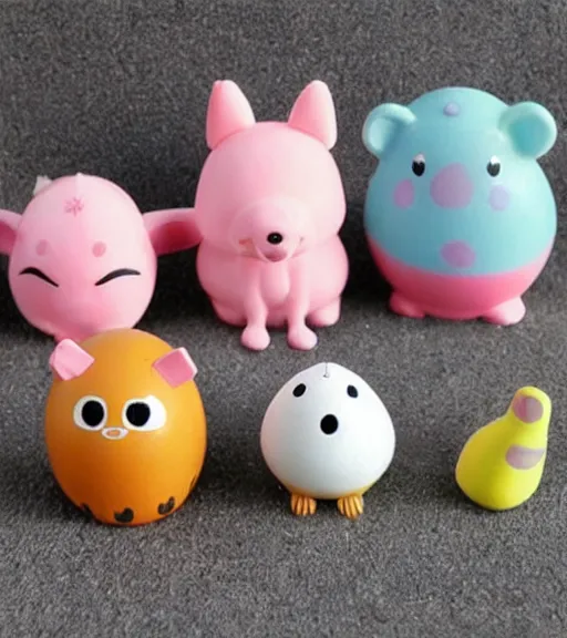 Image similar to some cute plastic toys that look like animal characters, pastel colors