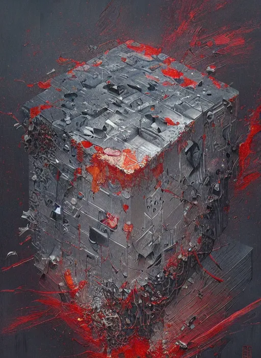 Image similar to a smooth grey cube being devoured by extremely detailed splatters of abstract paint, engulfed in flames in the style of james jean, pascal blanche, surreal, beksinski, high detailed