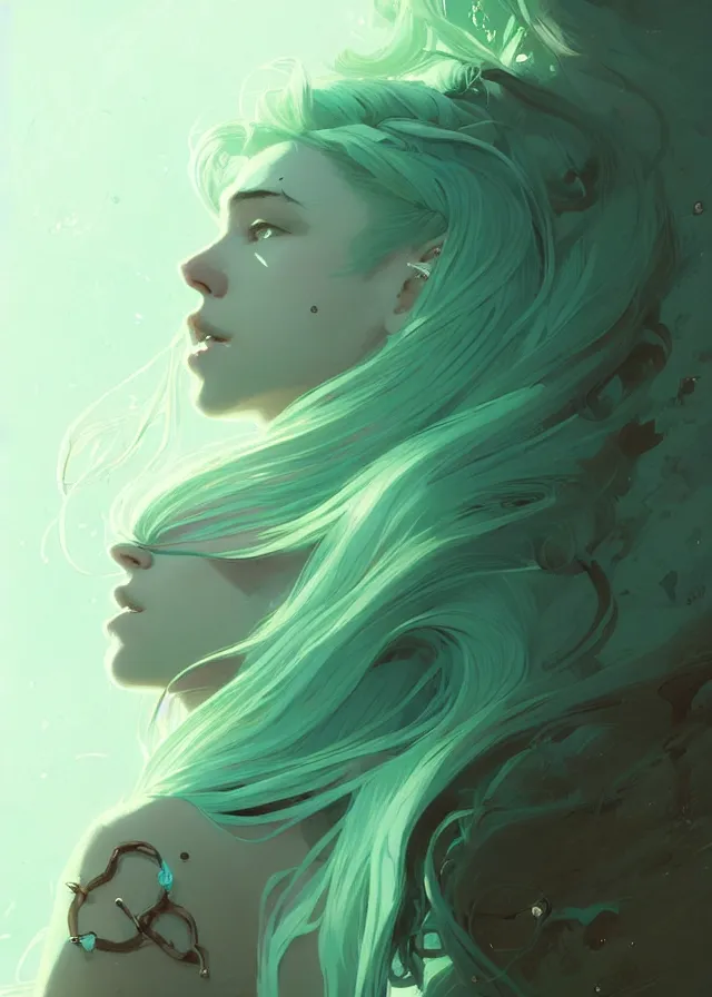 Prompt: beautiful artistic - wave highly detailed portrait female, front facing, long green hair, by atey ghailan, by greg rutkowski, by greg tocchini, by james gilleard, by joe fenton, by kaethe butcher, dynamic lighting, gradient light blue, brown, blonde cream and white color scheme, grunge aesthetic