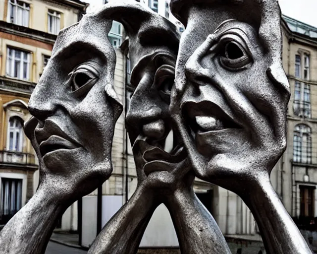 Image similar to by francis bacon, louise bourgeois, bruno catalano, mystical photography evocative. an intricate fractal concrete and chrome carved sculpture of the secret faces of god, standing in a city center.