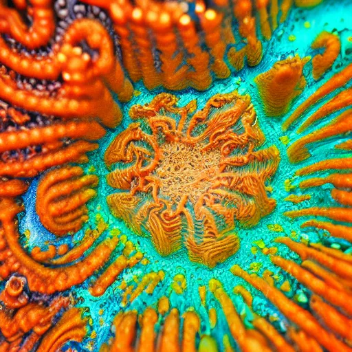 Image similar to photorealistic, extreme macro focus stacking. nikon's small world. coral polyp. intricate, detailed acrylic pour by beeple