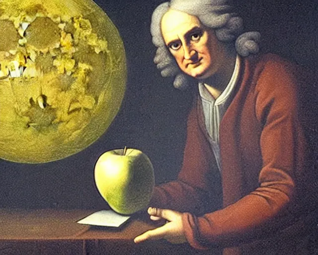 Image similar to isaac newton holding an apple in his hands and looking at the moon