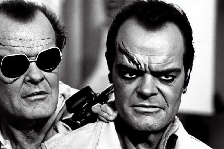 Image similar to Jack Nicholson plays Terminator, he is missing one eye