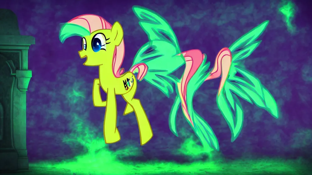 Image similar to 3D Fluttershy from My Little Pony as a necromancer, standing over a tomb stone, bright green swirls coming up it, glowing aura around her, pitch black background, dramatic and colorful lighting, she is surrounded by green chibi glowing skulls, smoke all around, insane special effects, unrealengine, 4k, HDR, unique camera angle, bones lying on the ground