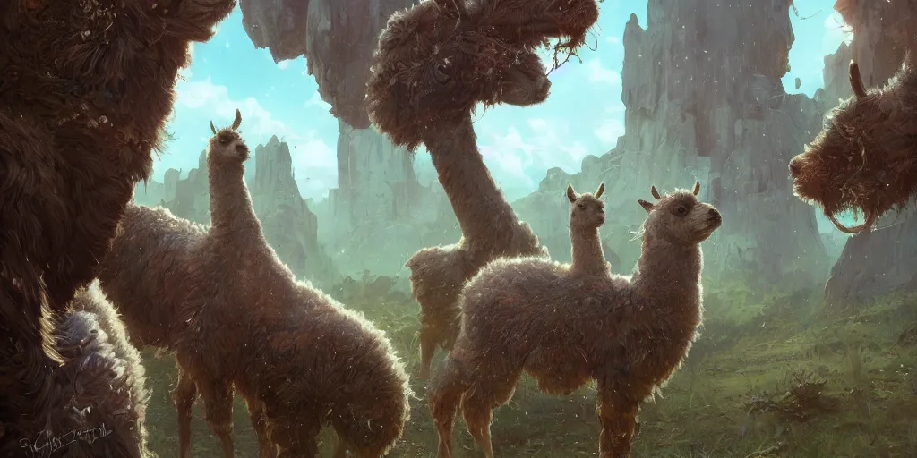 Image similar to highly detailed portrait of emo alpacas, flying, unreal engine, fantasy art by greg rutkowski, loish, rhads, ferdinand knab, makoto shinkai and lois van baarle, ilya kuvshinov, rossdraws, tom bagshaw, alphonse mucha, global illumination, radiant light, detailed and intricate environment