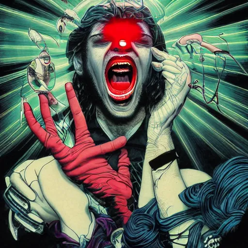 Prompt: portrait of crazy screaming post malone with red eyes like hal 9 0 0 0, as vampire, symmetrical, by yoichi hatakenaka, masamune shirow, josan gonzales and dan mumford, ayami kojima, takato yamamoto, barclay shaw, karol bak, yukito kishiro