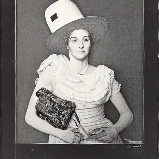 Prompt: frontal portrait of a woman with a giant, ridiculous hat, by norman rockwell