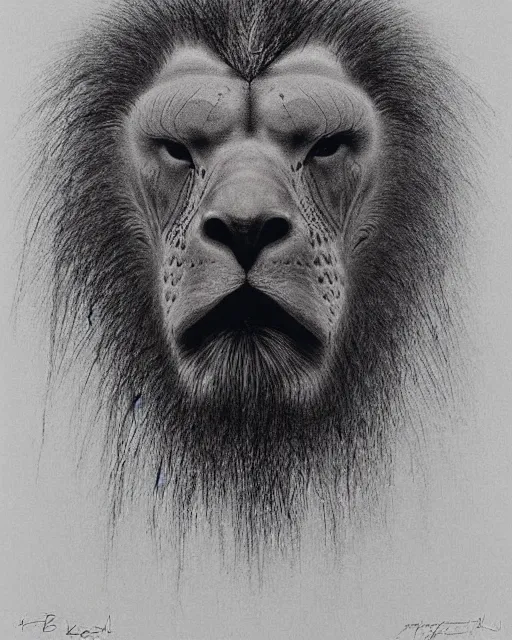 Image similar to mix of face of an eagle, face of an lion, face of an ox, face of an human, in one creature. drawn by zdzislav beksinski