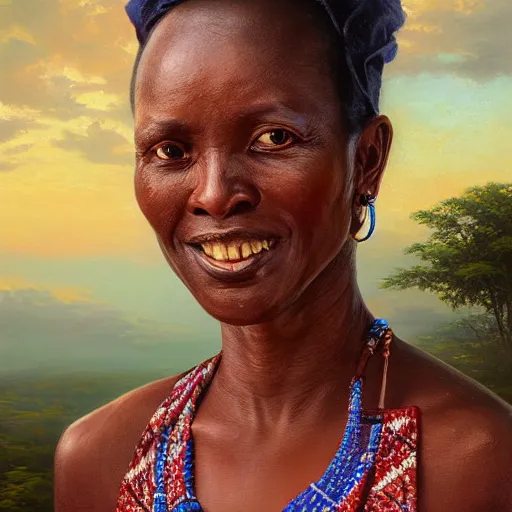 Image similar to portrait of a tanzanian woman ( 3 5 ) from tanzania in 2 0 2 1, an oil painting by ross tran and thomas kincade